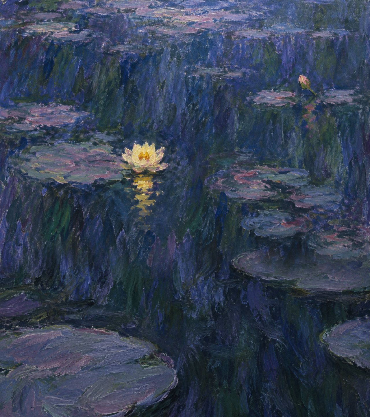 A painting of a dark blue pond in the manner of Monet's late Water Lilies: one pale yellow water lily at the edge of its leaf, a small bud further back.
